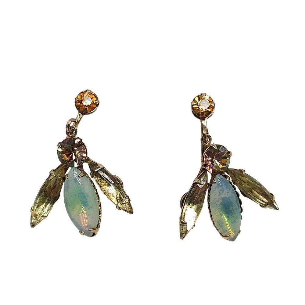Vintage Topaz Rhinestone Opalescent Glass Clip-On Earrings Gold Tone Settings